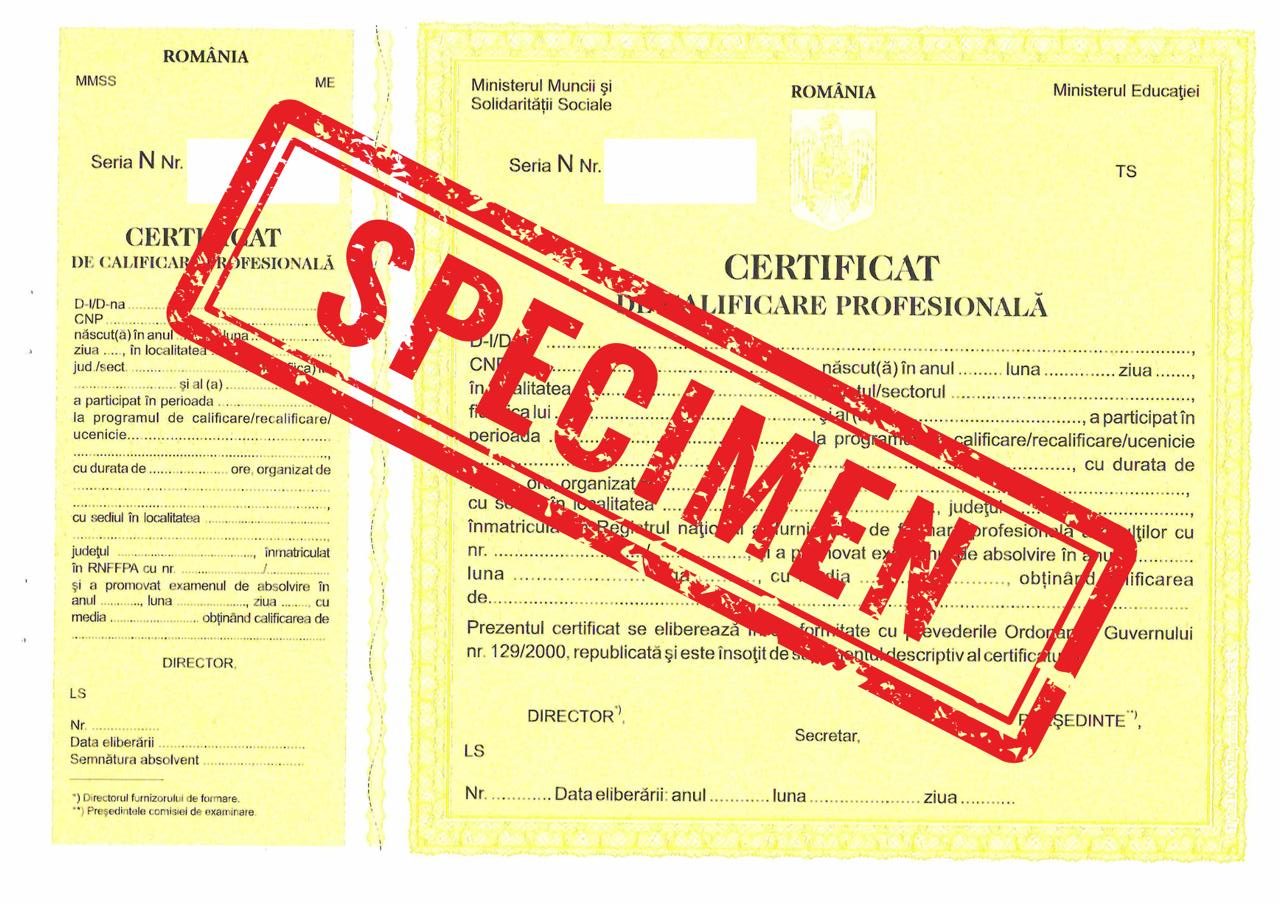 Specimen certificat de calificare profesională